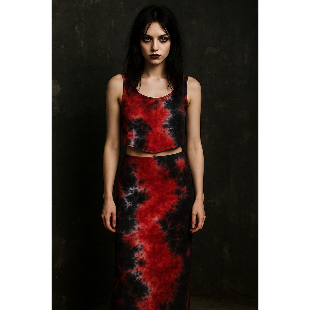 Say Anything Women's L Tie Dye Crop Tank‎ & Maxi Skirt Set Red Black Stretch USA